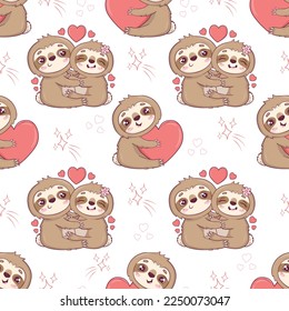 Seamless pattern with cute sloths for Valentine's Day in cartoon style for kids, children's books and games, print.