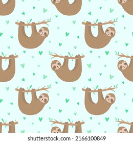 Seamless pattern of cute slow sloths and hearts. Hand-drawn illustration of sloth for children, tropical summer, textile, print, cover, wallpaper, fabric, clothes. Transparent background