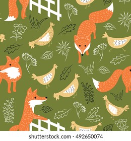 Seamless pattern with cute sly foxes and chickens on the meadow. Animal vector background with plants.