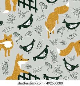 Seamless pattern with cute sly foxes and chickens on the meadow. Animal vector background with plants.