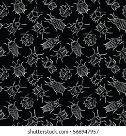 Seamless pattern with cute small beetles.  Summer bugs doodle style background. Vector cartoon backdrop with funny insects.  