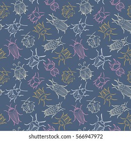 Seamless pattern with cute small beetles.  Summer bugs doodle style background. Vector cartoon backdrop with funny insects.  
