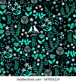 Seamless pattern with cute small birds couple on the doodle flower background. Vector pattern.