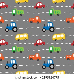 Seamless pattern of a cute small cars and road. Vector illustration on a gray background. Scandinavian cartoon style flat design. Concept for children print.