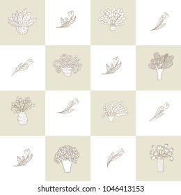 Seamless pattern with cute small cartoon plants and flowers in pots and tulips. Checkered background. Good for pattern fills, surface design, textile, fabric,  Vector illustration. 