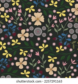 patrón impecable con flores adorables y coloridas. Patrón de diseño de superficie sobre fondo verde oscuro