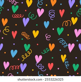 Patrón sin fisuras con lindos corazones Pequeños de colores y confeti. Vector de patrón sin costuras. Días festivos Día de San Valentín. Corazones coloridos sobre fondo negro. Fondo plano de Vector Abstractas.