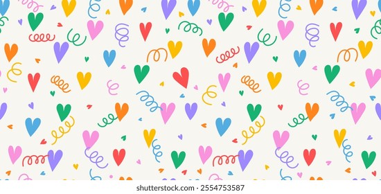 Seamless pattern with cute small colorful hearts and confetti. Colorful hearts on black background. Seamless pattern vector. Holidays Valentines day. Abstract vector flat background.