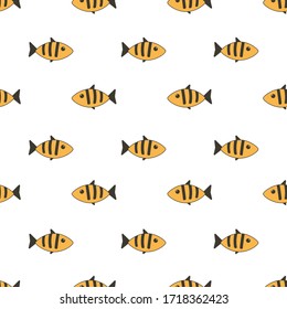 The seamless pattern with cute small fishes.