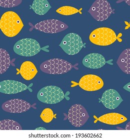 The seamless pattern with cute small fishes. 