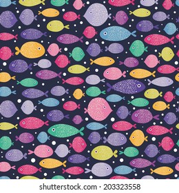 The seamless pattern with cute small fishes. 