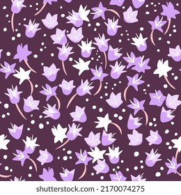 Seamless pattern. Cute pattern in a small flower. Purple bells (campanula) on a purple background.