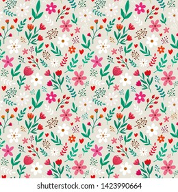 Seamless pattern of cute small flowers and leaves 