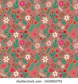 Seamless pattern of cute small flowers and leaves ♥