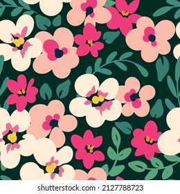 Seamless pattern with cute small flowers, leaves on a dark background. Liberty composition of delicate hand-drawn plants. Modern floral background, pretty botanical print. Vector.