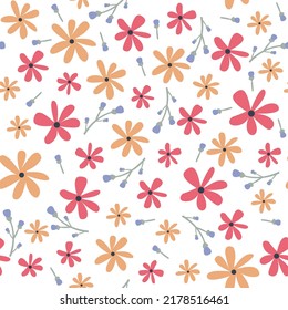 Seamless pattern of cute small flowers and stems on white background. Flowers and buds for printing on fabric, wrapping paper.