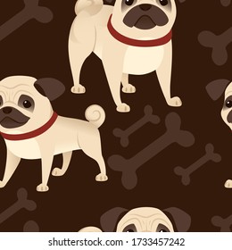 Seamless pattern cute small friendly pug dog cartoon domestic animal design flat vector illustration on brown background with bones