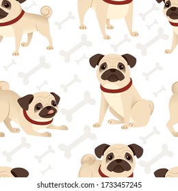 Seamless pattern cute small friendly pug dog cartoon domestic animal design flat vector illustration on white background with bones