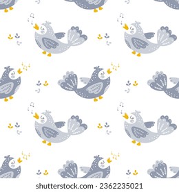 Seamless pattern, cute small gray birds on a white background. Print, textile, vector