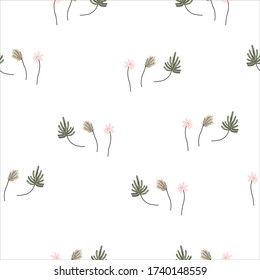 Seamless pattern . Cute small hand drawn sketch of  botanicals and little flowers