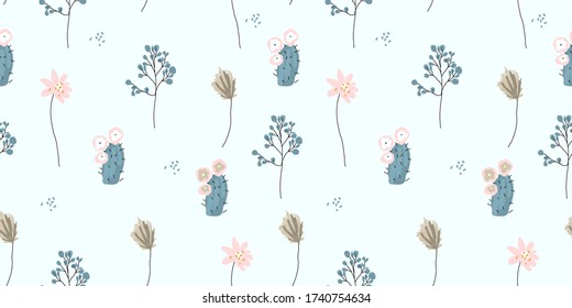 Seamless pattern . Cute small hand drawn sketch of  botanicals and little flowers