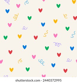 Seamless pattern with cute small hearts and confetti. Abstract vector flat background