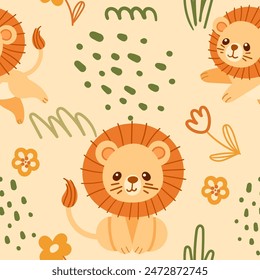 Seamless pattern cute small lion with green leaves cartoon animal design vector illustration on beige background