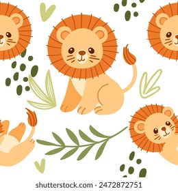 Seamless pattern cute small lion with green leaves cartoon animal design vector illustration on white background