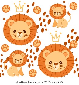 Seamless pattern cute small lion with golden crown king cartoon animal design vector illustration on white background