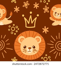 Seamless pattern cute small lion with golden crown king cartoon animal design vector illustration on brown background