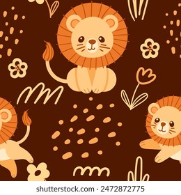 Seamless pattern cute small lion with yellow flower cartoon animal design vector illustration on brown background