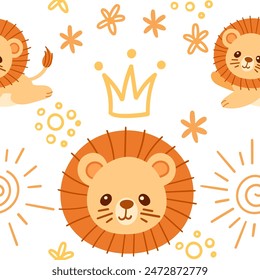 Seamless pattern cute small lion with golden crown king cartoon animal design vector illustration on white background