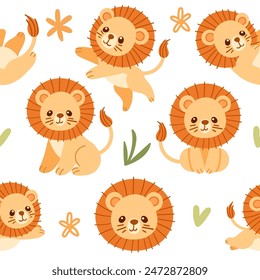 Seamless pattern cute small lion with green leaves cartoon animal design vector illustration on white background