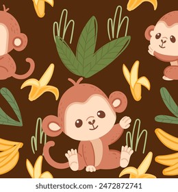 Seamless pattern cute small monkey with banana cartoon animal design vector illustration on brown background