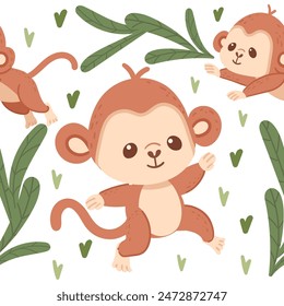 Seamless pattern cute small monkey with green leaves cartoon animal design vector illustration on white background