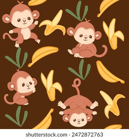 Nahtloses Muster niedliche kleine Affe mit Banane Cartoon Tier Design Vektorillustration auf braunem Hintergrund