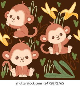 Seamless pattern cute small monkey with banana cartoon animal design vector illustration on brown background