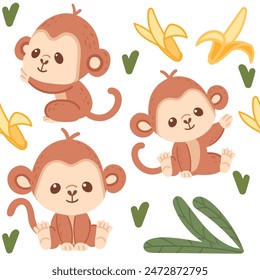 Seamless pattern cute small monkey with banana cartoon animal design vector illustration on white background