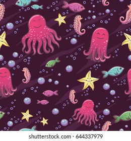 Seamless pattern with cute small octopuses, fish, seahorses, starfish and bubbles
