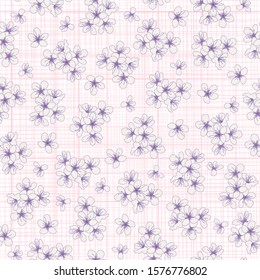 Seamless pattern with cute small purple flowers on pink stripes