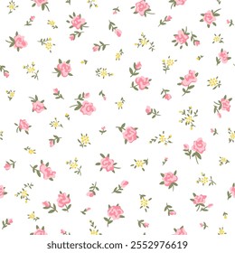 Seamless pattern of cute small rose flower with green leaves for girl, woman, fot fashion fabric print of ditsy style. Pink and yellow color of floral vector illustration