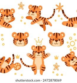 Seamless pattern cute small tiger cub with golden crown king cartoon animal design vector illustration on white background