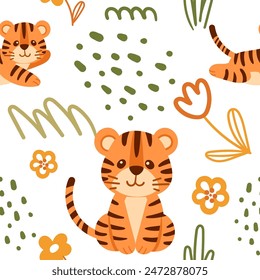 Seamless pattern cute small tiger cub green leaves and flowers cartoon animal design vector illustration on white background