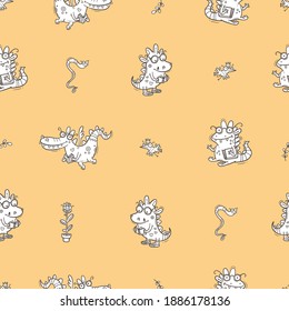Seamless pattern with  cute smart dragons on green background. Funny crocodiles wallpaper. Reading reptile poster. Vector doodle line art. Illustration for children. Books and studying print.