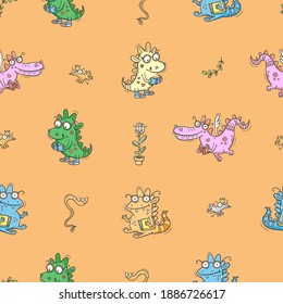 Seamless pattern with  cute smart dragons on orange background. Funny crocodiles wallpaper. Reading reptile poster. Vector doodle line art. Illustration for children. Books and studying print.