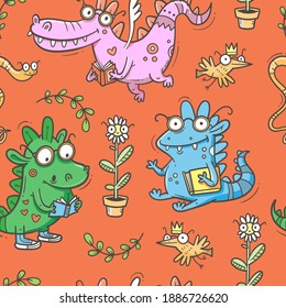 Patrón sin foco con lindos dragones inteligentes sobre fondo rojo. Papel pintado de cocodrilos divertidos. Leyendo afiche del reptil. Dibujo de la línea de doodle vectorial. Ilustración para niños. Libros y estudio de la impresión.