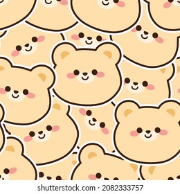 Seamless pattern of cute smile baby bear head cartoon background.Hand drawn.Animal character hand drawn.Kid graphic.Cloth print screen.Sticker.Kawaii.Zoo.Vector.Illustration.