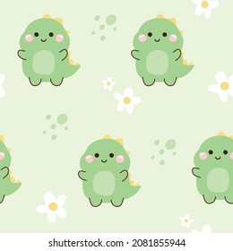Seamless pattern cute smile face dinosaur and flower green background Image for card poster wrapping paper gift baby cloth screen printing Kawaii Art Repeat Vector Illustration 