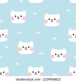 Seamless pattern of cute smile face white bear on blue background.Kid graphic hand drawn.Animal design.Image for card,poster,sticker.Kawaii.Vector.Illustration.