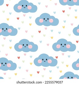 Seamless pattern of cute smile face cloud with heart rain cartoon on white background.Valentines day.Sky hand drawn.Kawaii.Vector.Illustration.